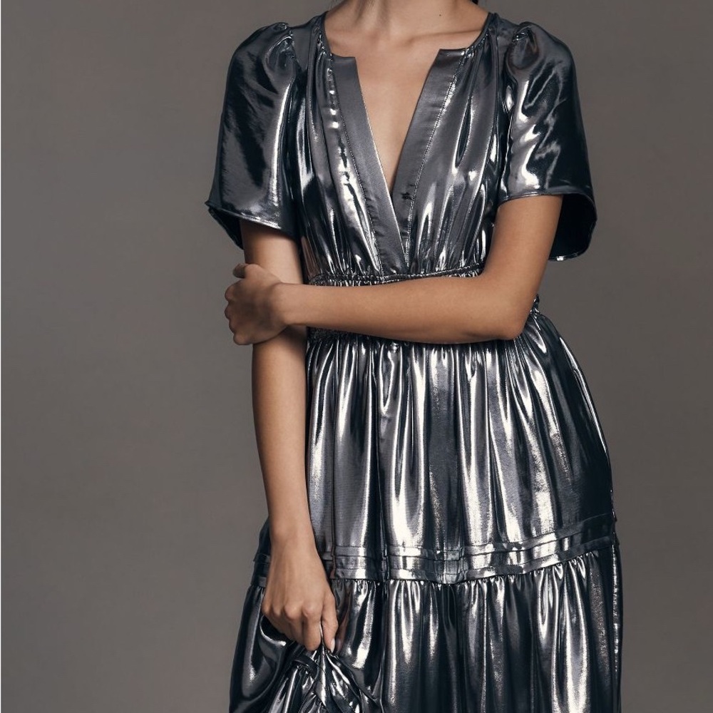 Anthropologie Silver Foil Metallic Somerset Maxi Dress 3X